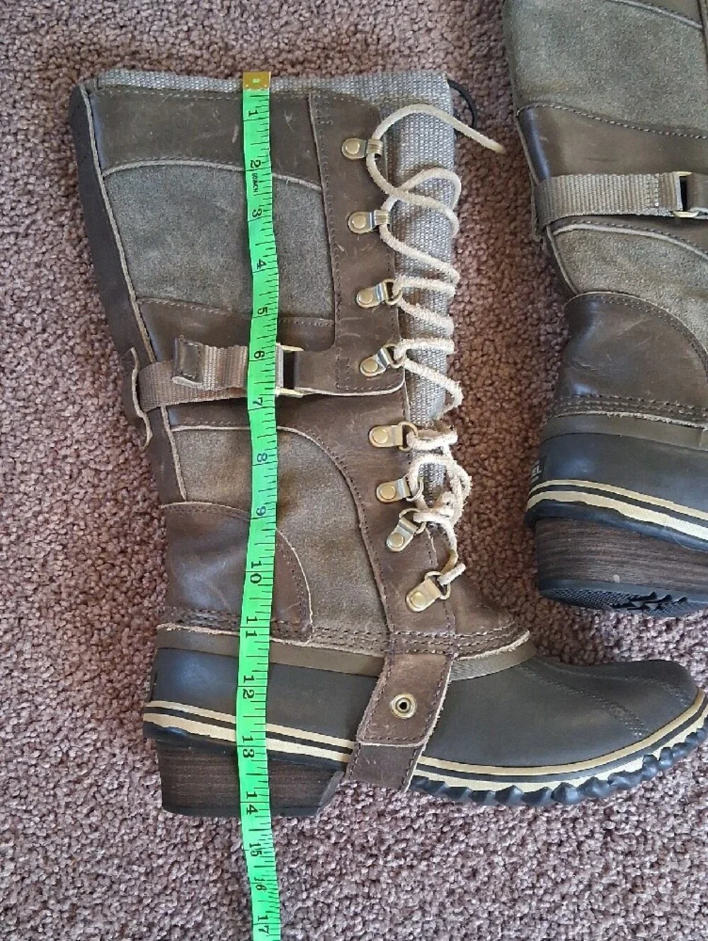 Sorel Conquest Carly Brown Gray Tall Lace-Up Waterproof Winter Boots